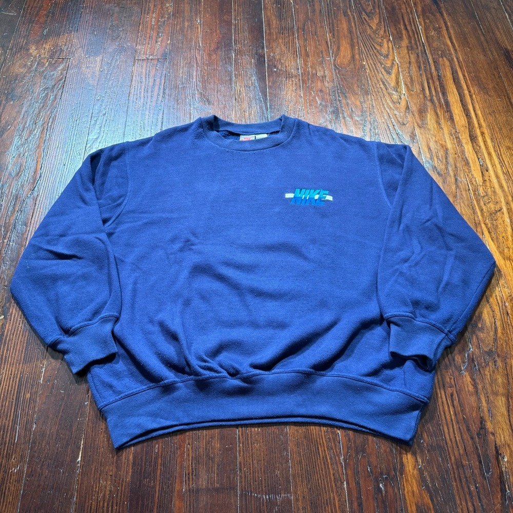Vintage Nike Fleece Crewneck Sweatshirt 1X Blue Embroidered Swoosh Gray Tag